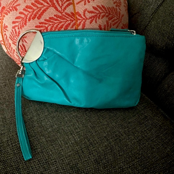 Turquoise Coin Pouch (Vinyl type Material) Interior has a zipper pouch area - Picture 1 of 11